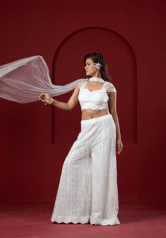 Pearl White Embellished Pre-Draped Saree