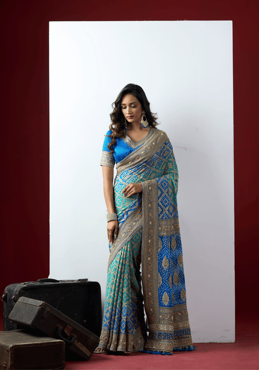 Royal Blue Bandhani Embroidered Saree