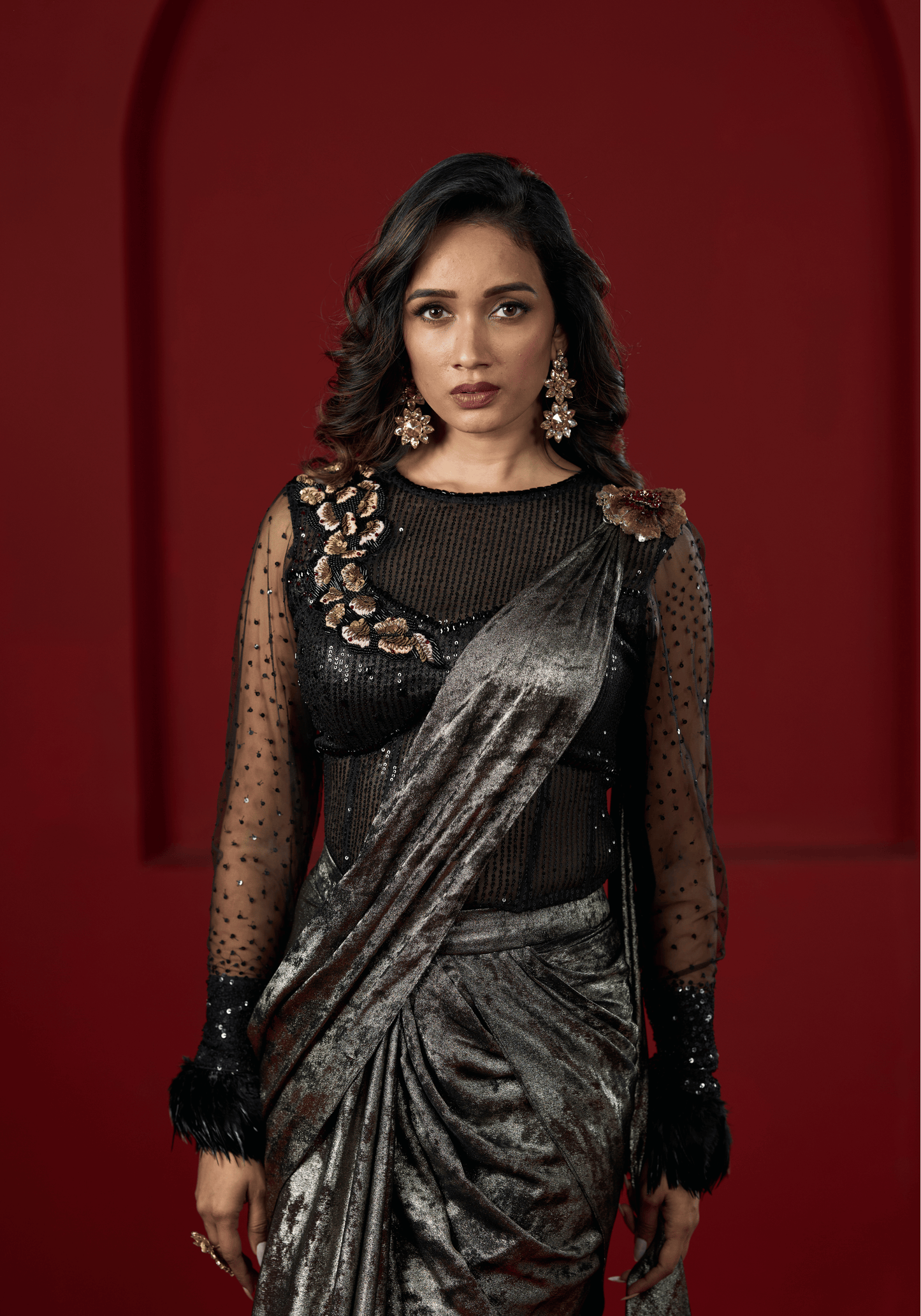 Metallic Black Pre-Draped Saree Gown