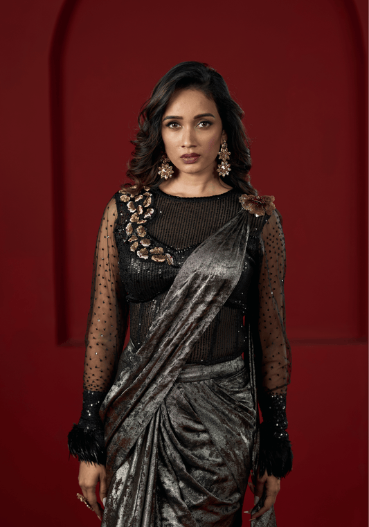 Metallic Black Pre-Draped Saree Gown