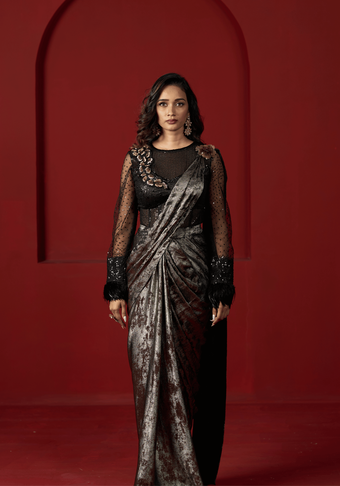 Metallic Black Pre-Draped Saree Gown