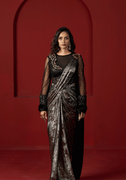 Metallic Black Pre-Draped Saree Gown