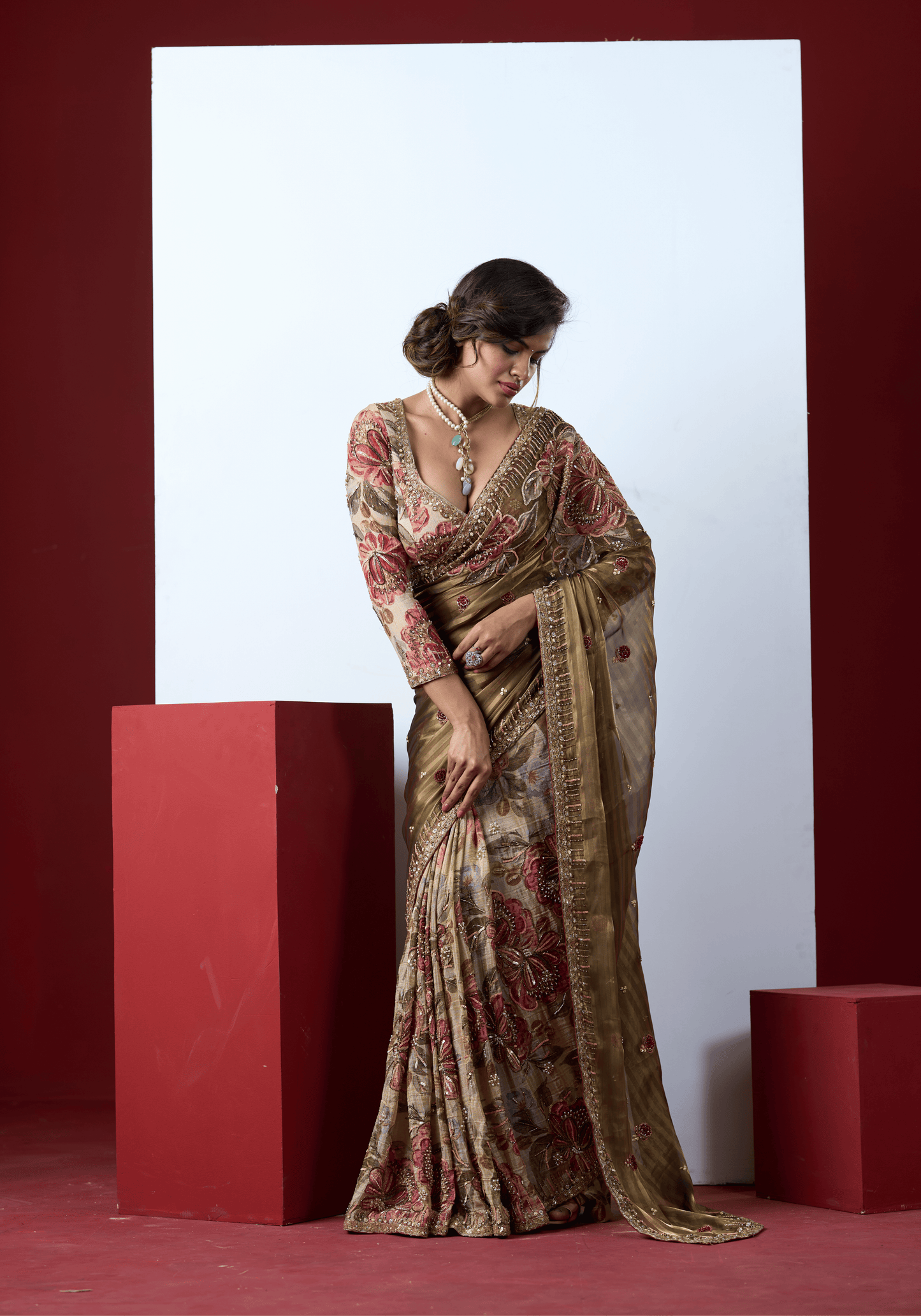 Olive Floral Embroidered Saree Set