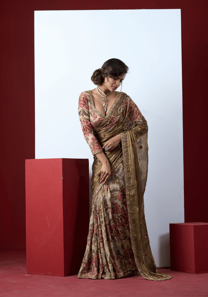 Olive Floral Embroidered Saree Set