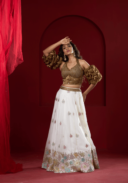 Golden Puff Sleeve Lehenga Set