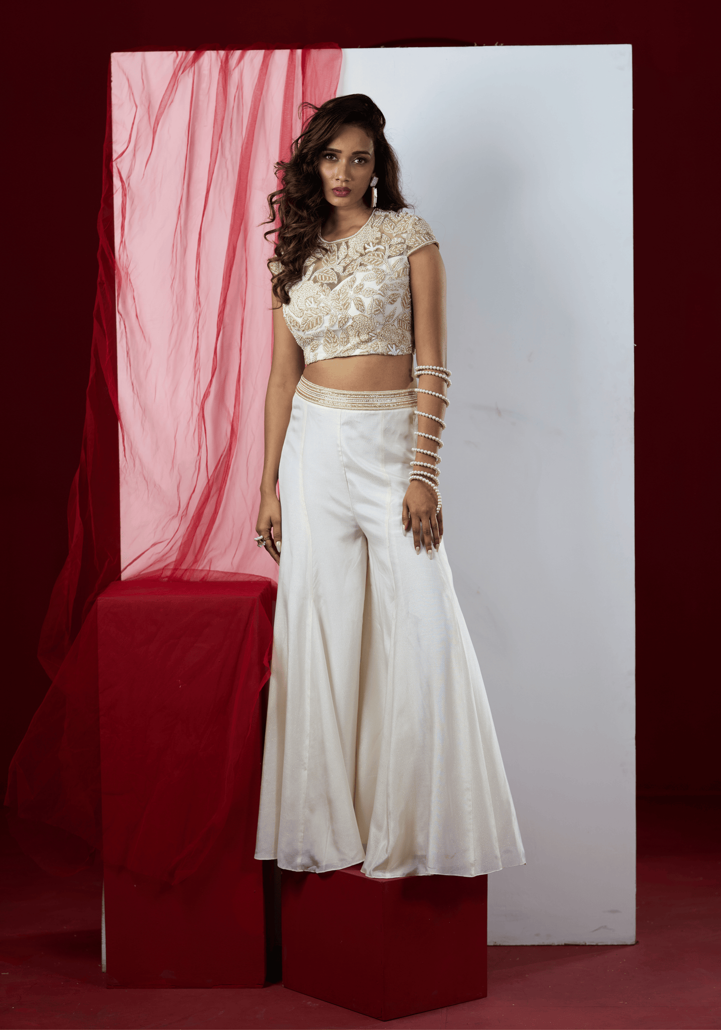 Pearl White Embellished Pre-Draped Saree