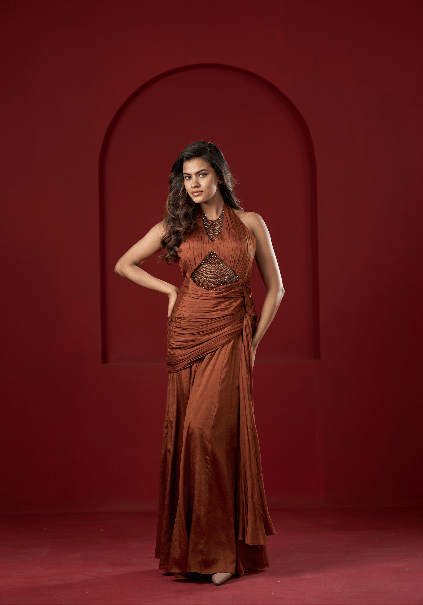 Rust Brown Halter Drape Gown
