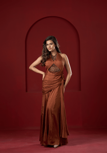 Rust Brown Halter Drape Gown
