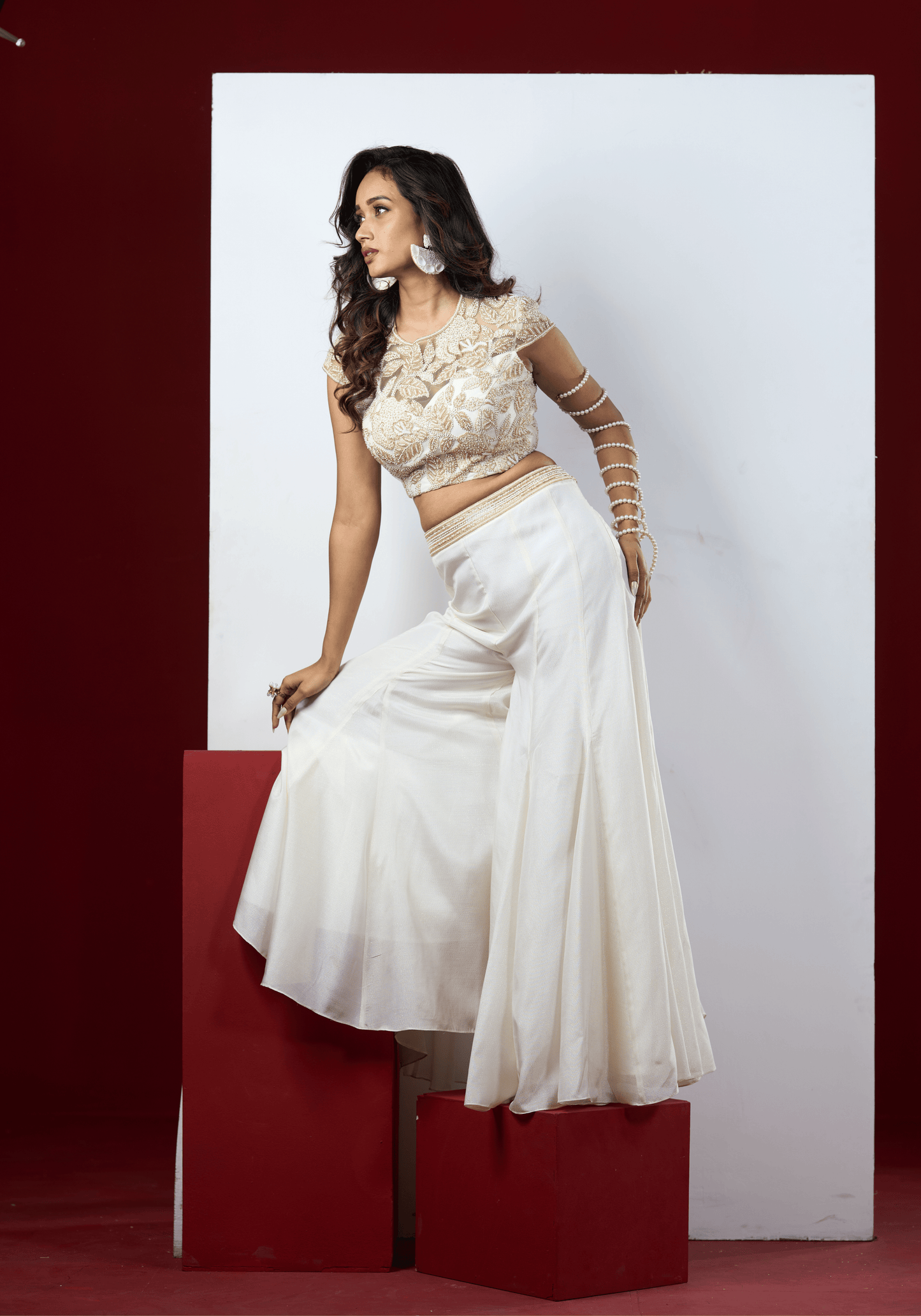 Pearl White Embellished Pre-Draped Saree