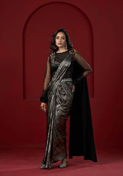 Metallic Black Pre-Draped Saree Gown