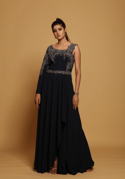 Midnight One-Shoulder Embroidered Gown