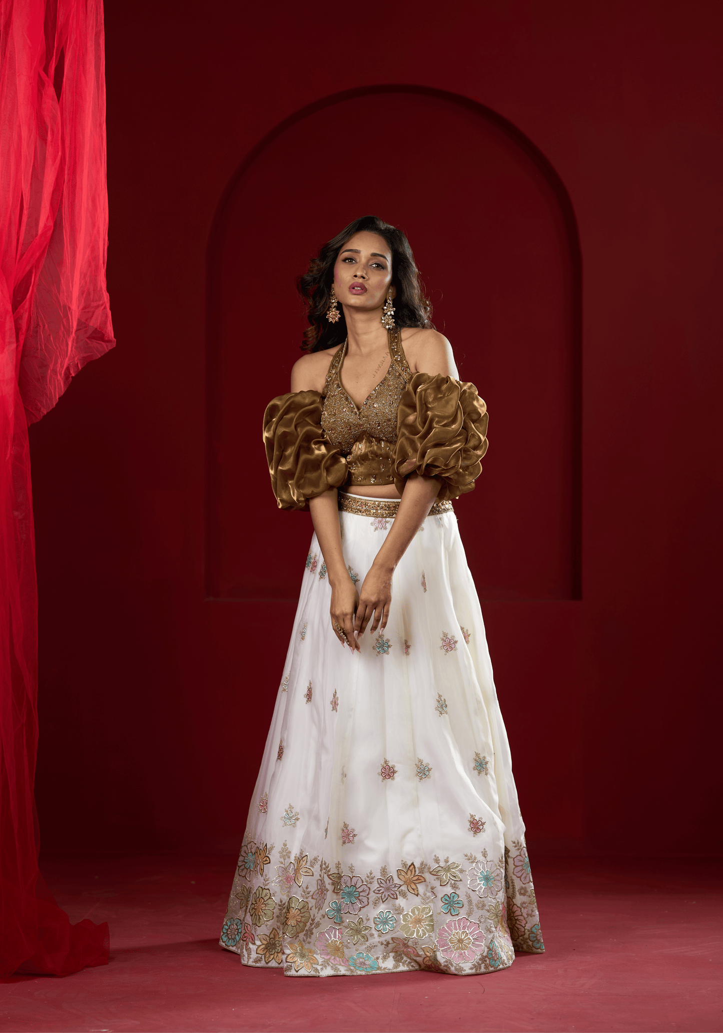 Golden Puff Sleeve Lehenga Set