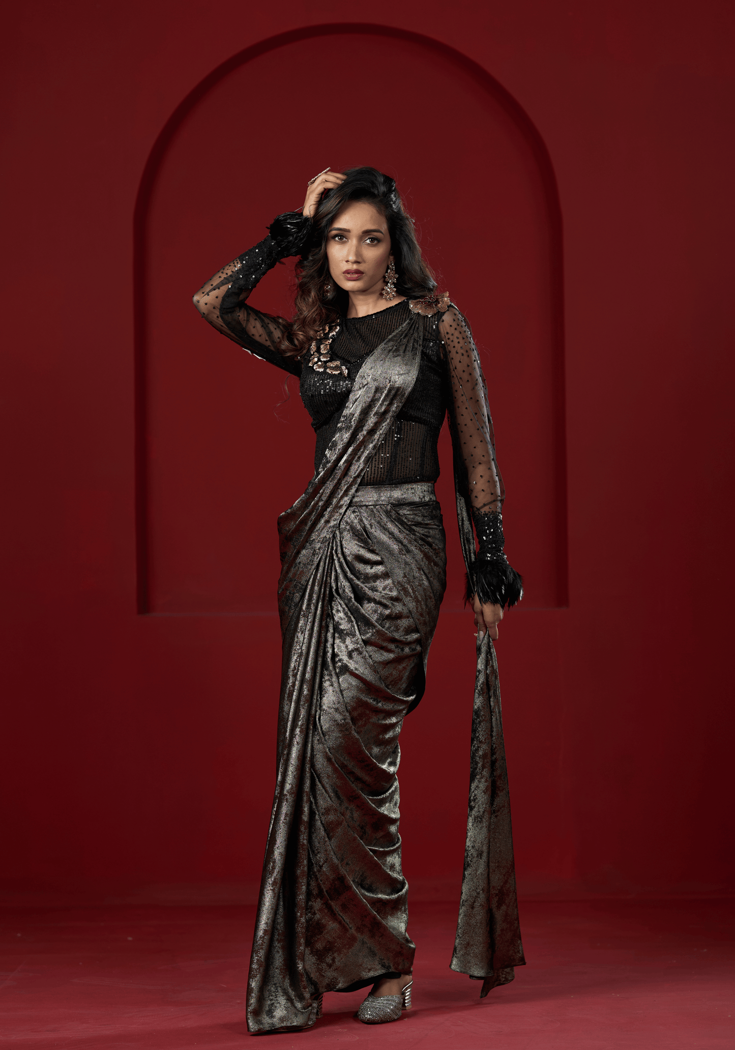 Metallic Black Pre-Draped Saree Gown