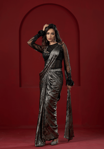 Metallic Black Pre-Draped Saree Gown