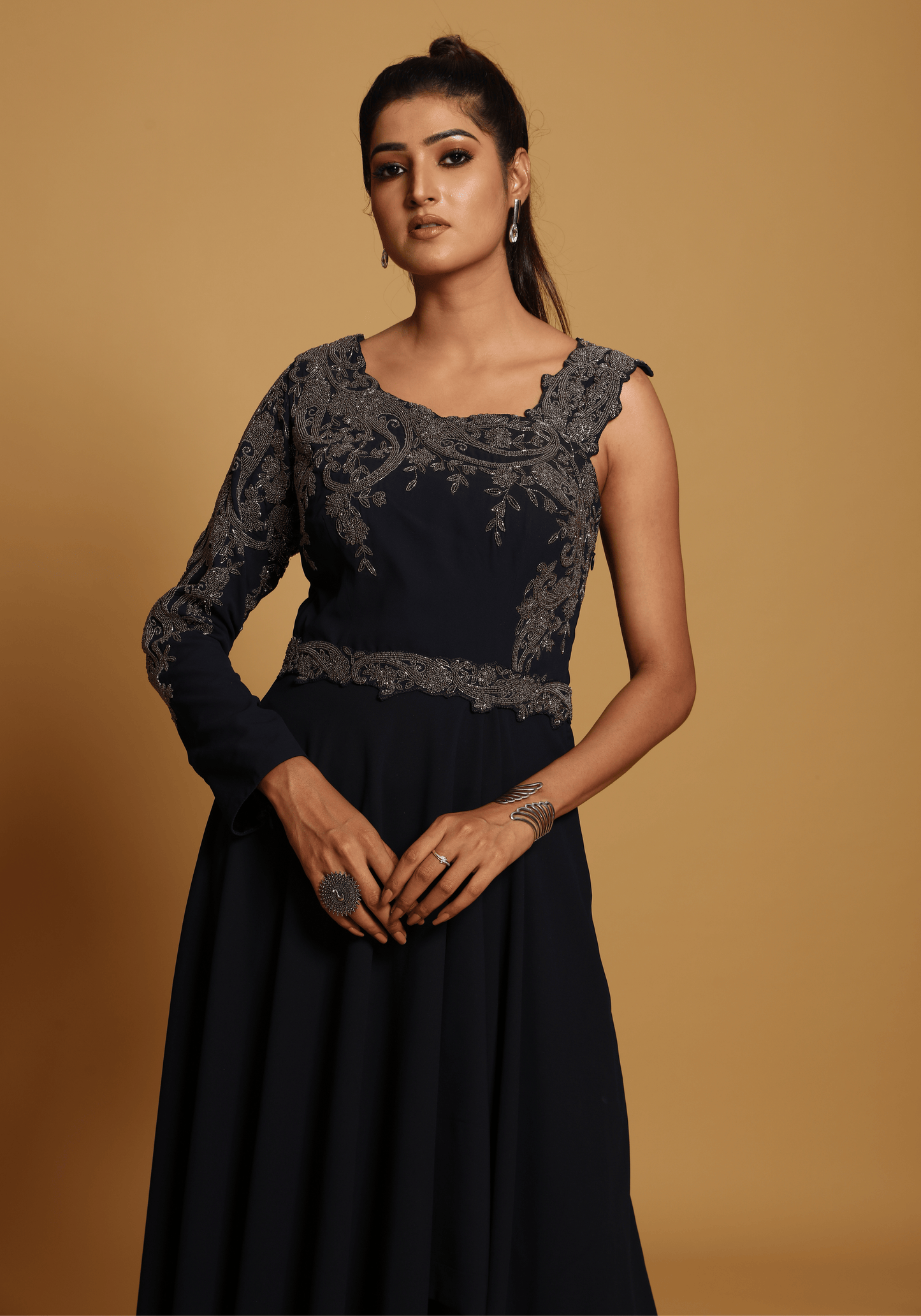 Midnight One-Shoulder Embroidered Gown