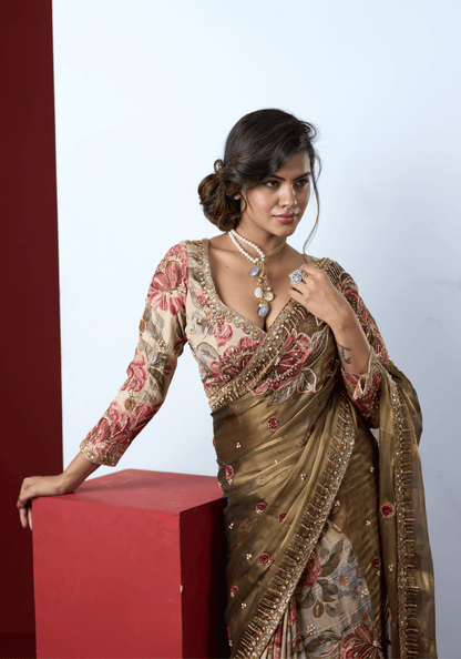 Olive Floral Embroidered Saree Set