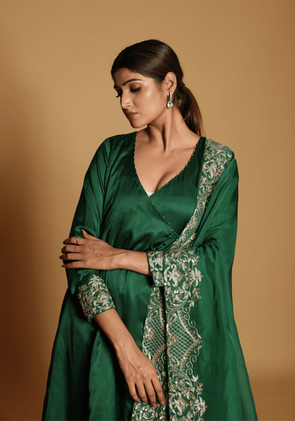 Emerald Green Embroidered Kurti Set with Dupatta