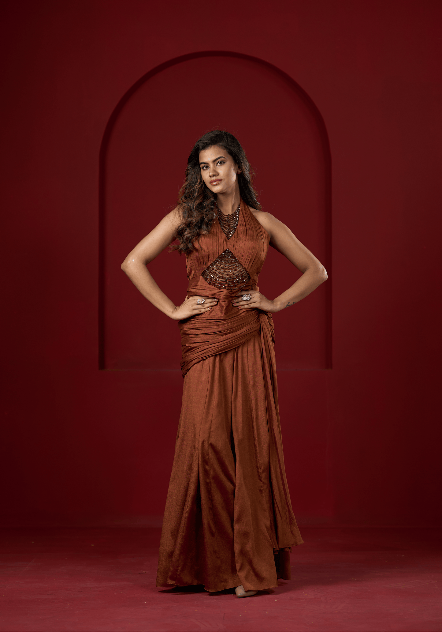 Rust Brown Halter Drape Gown