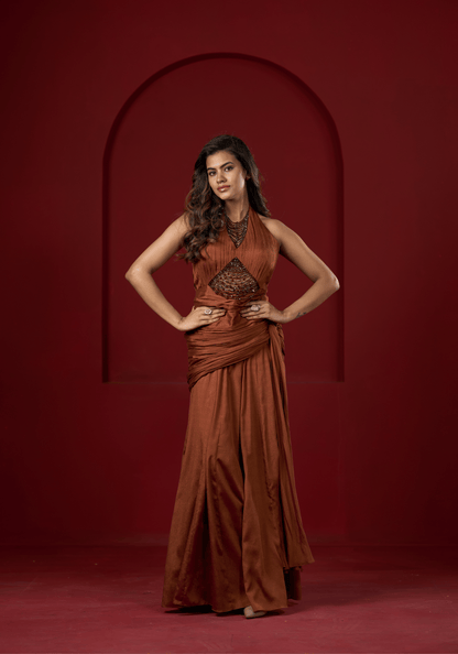 Rust Brown Halter Drape Gown