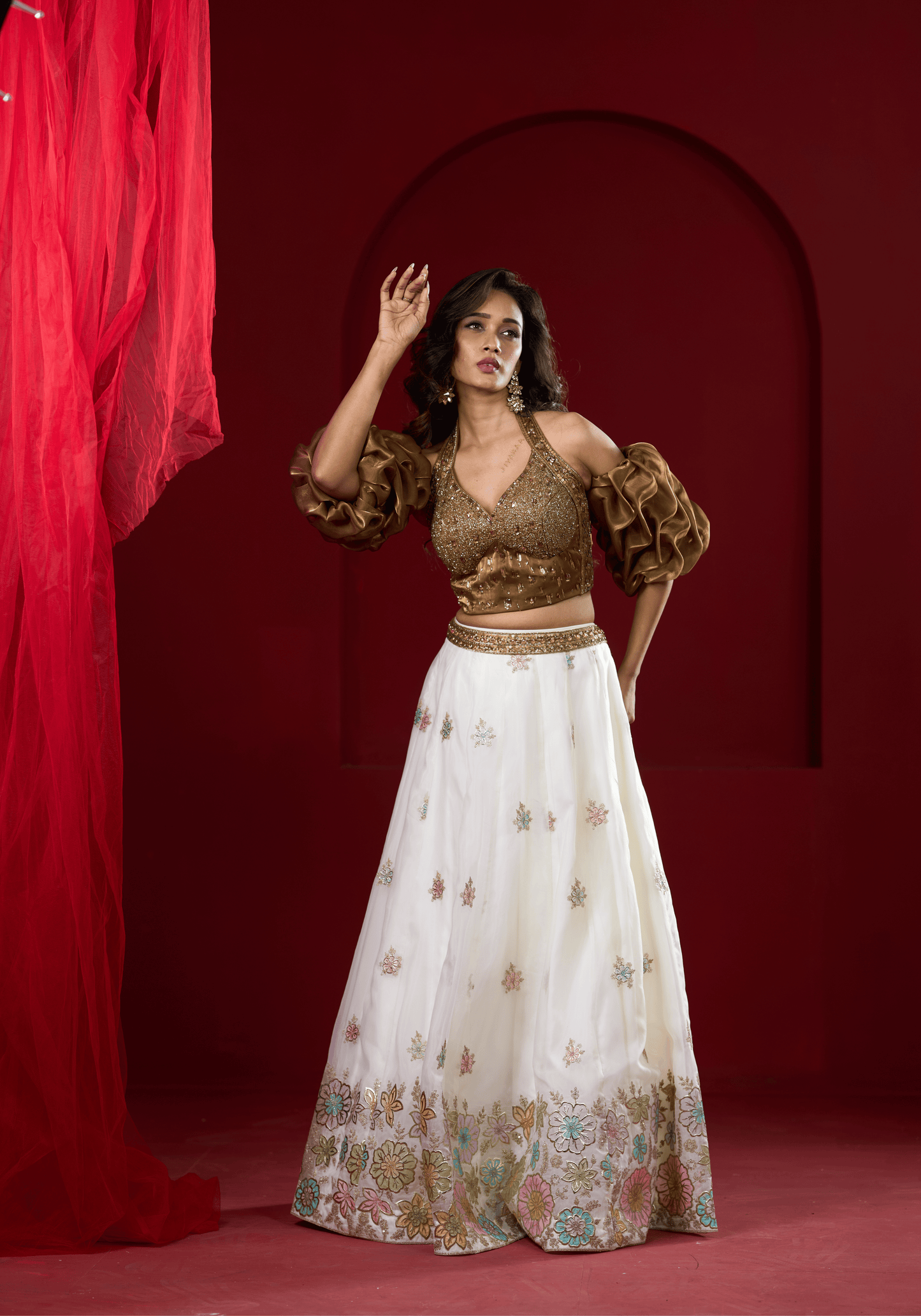 Golden Puff Sleeve Lehenga Set