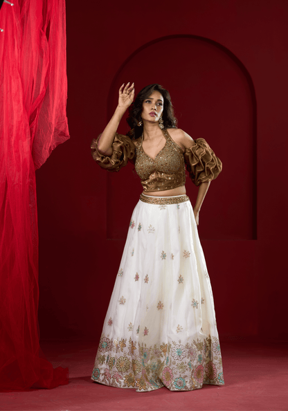 Golden Puff Sleeve Lehenga Set