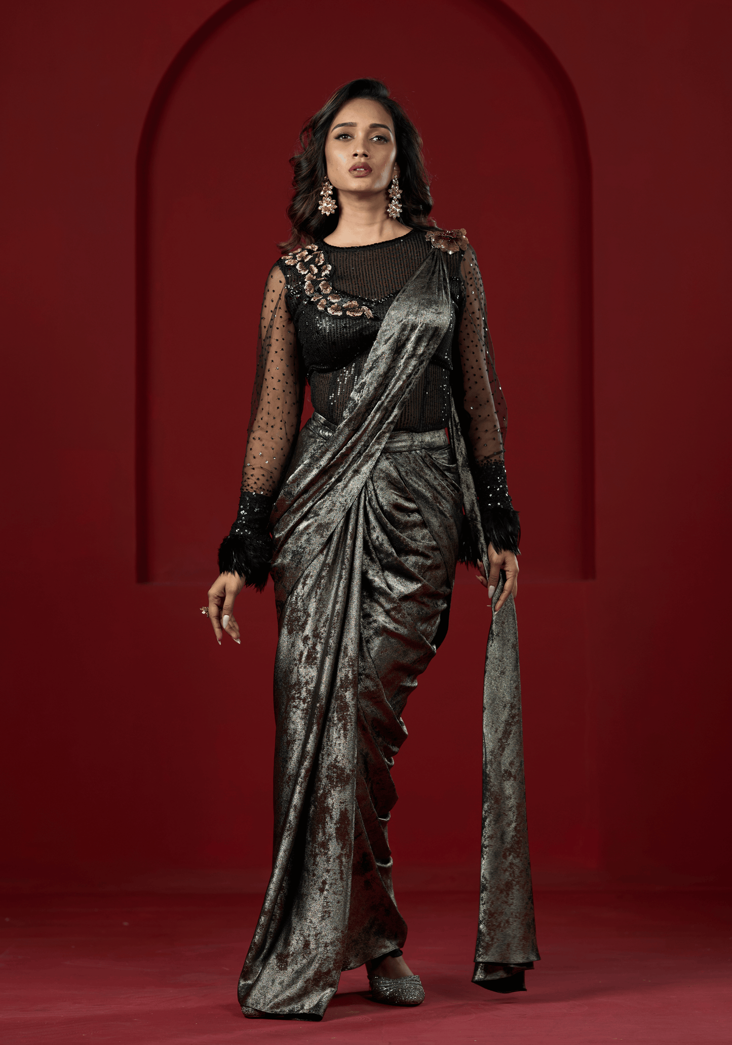Metallic Black Pre-Draped Saree Gown