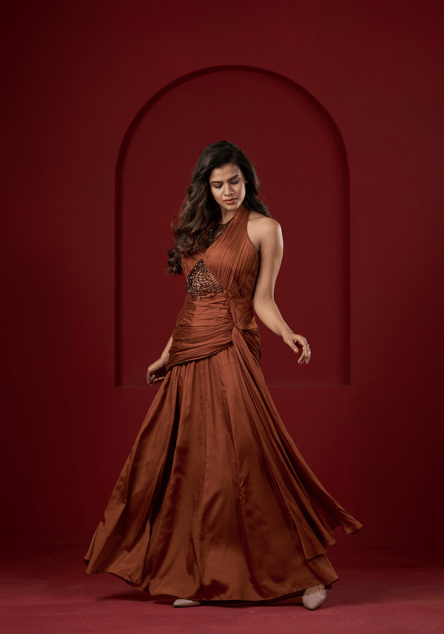 Rust Brown Halter Drape Gown