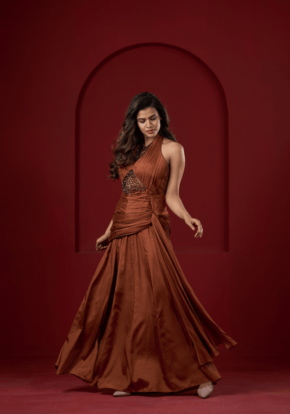 Rust Brown Halter Drape Gown