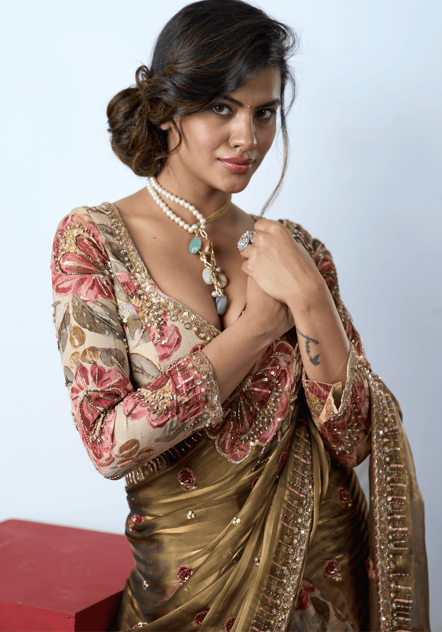 Olive Floral Embroidered Saree Set