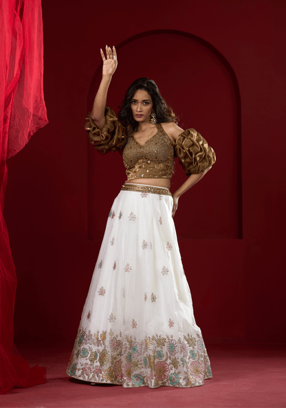 Golden Puff Sleeve Lehenga Set