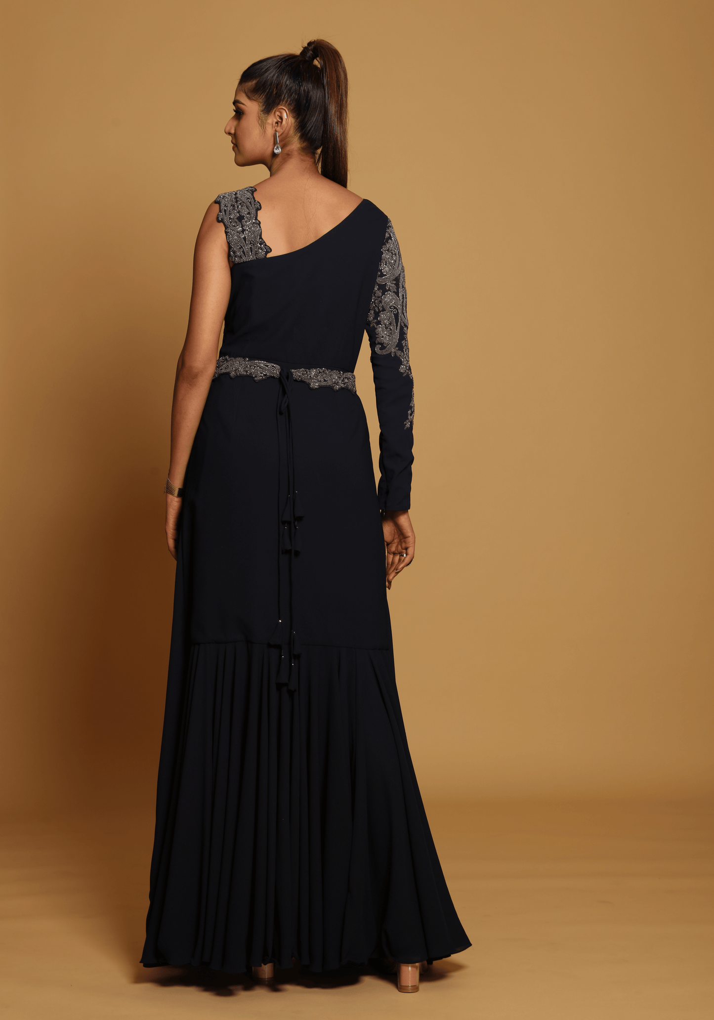 Midnight One-Shoulder Embroidered Gown