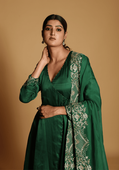 Emerald Green Embroidered Kurti Set with Dupatta