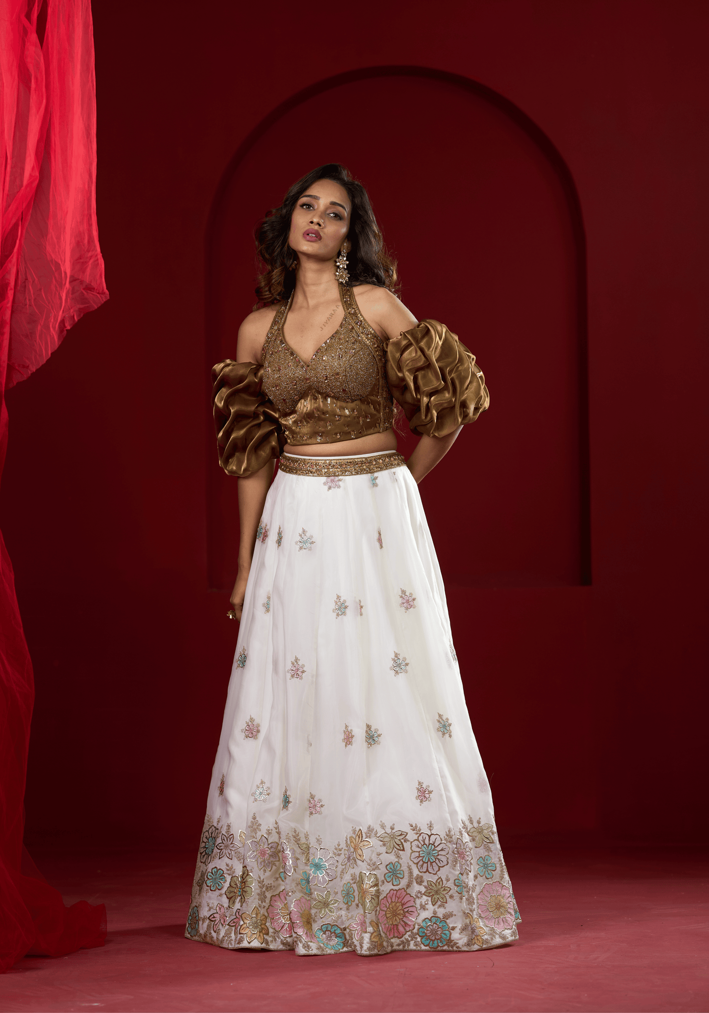 Golden Puff Sleeve Lehenga Set