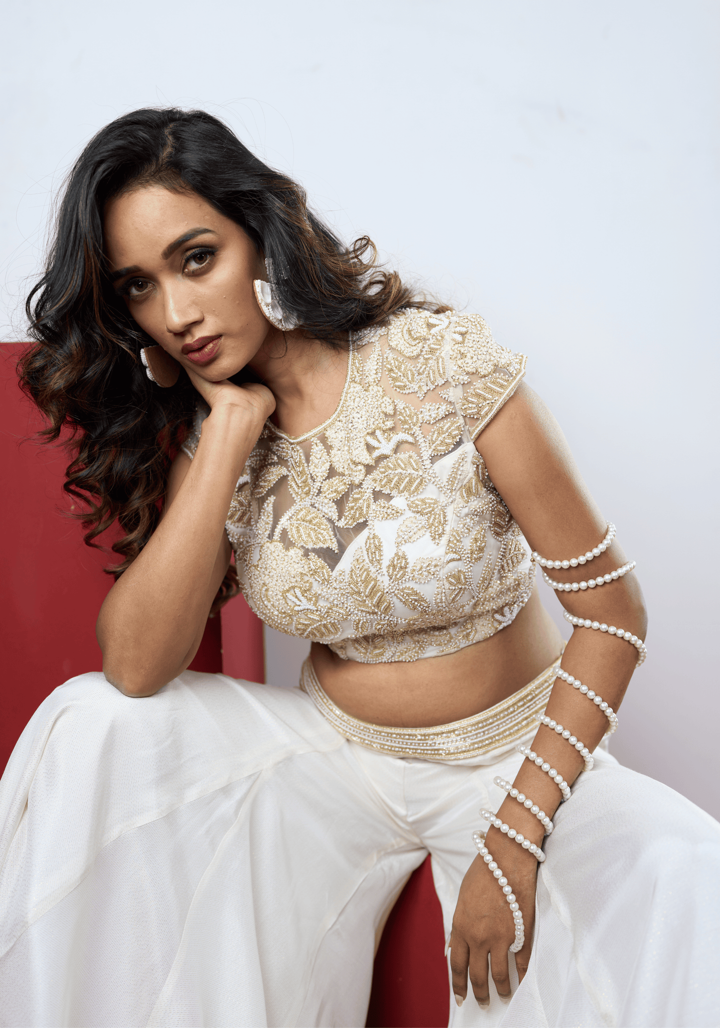 Pearl White Embellished Pre-Draped Saree
