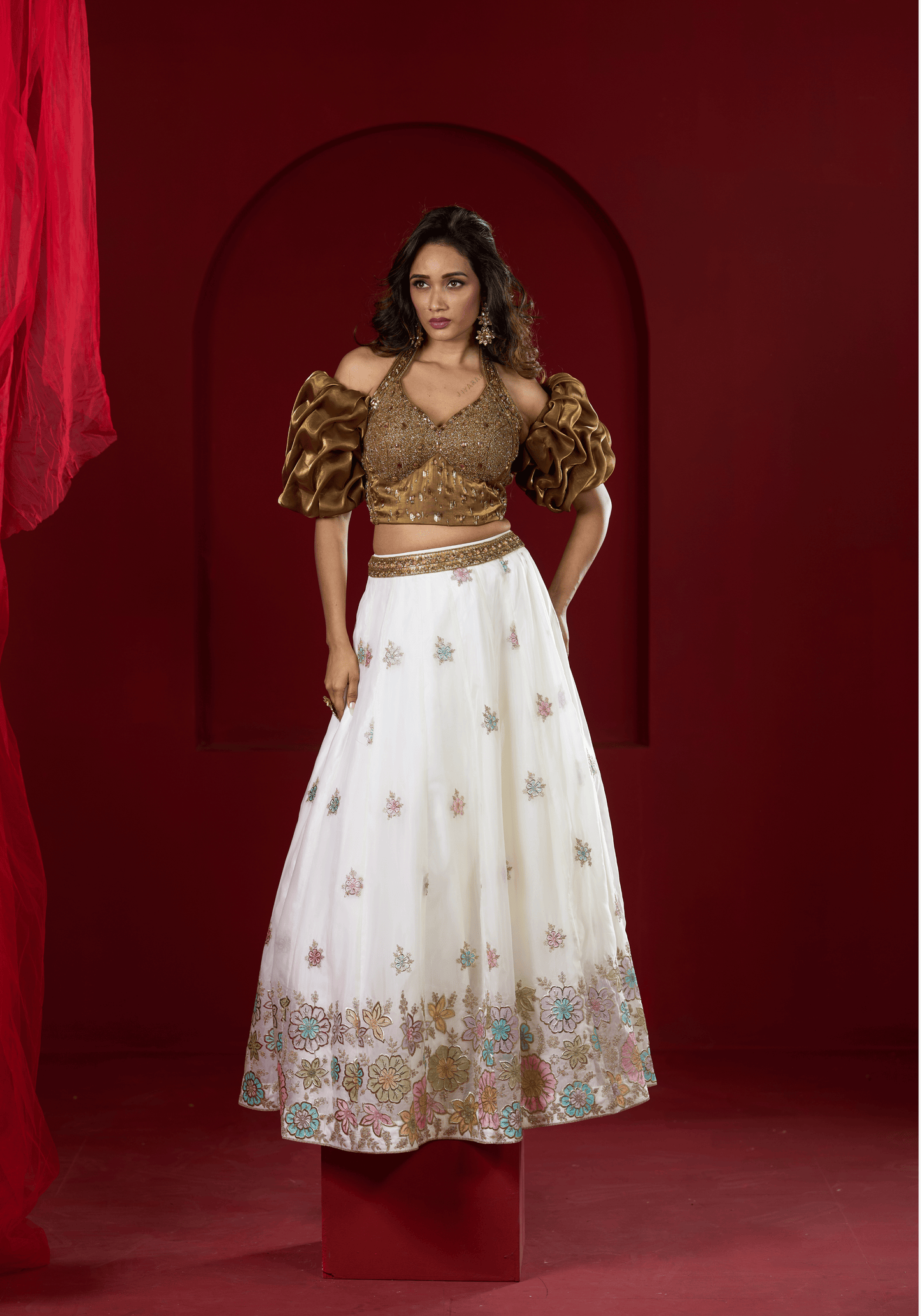 Golden Puff Sleeve Lehenga Set