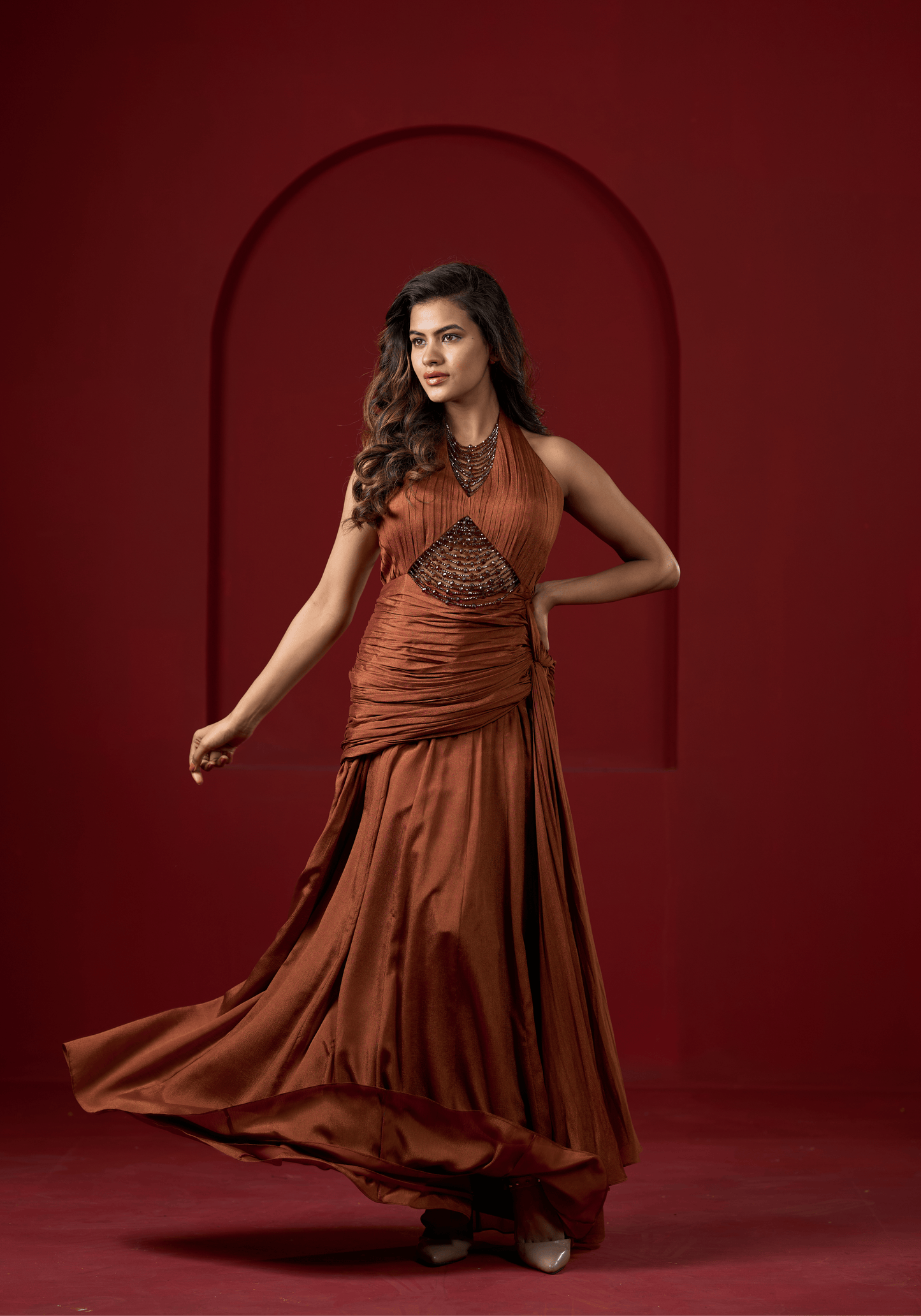 Rust Brown Halter Drape Gown