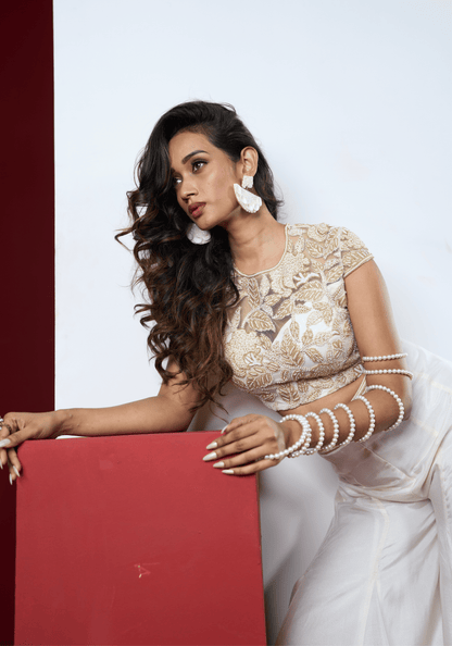 Pearl White Embellished Pre-Draped Saree