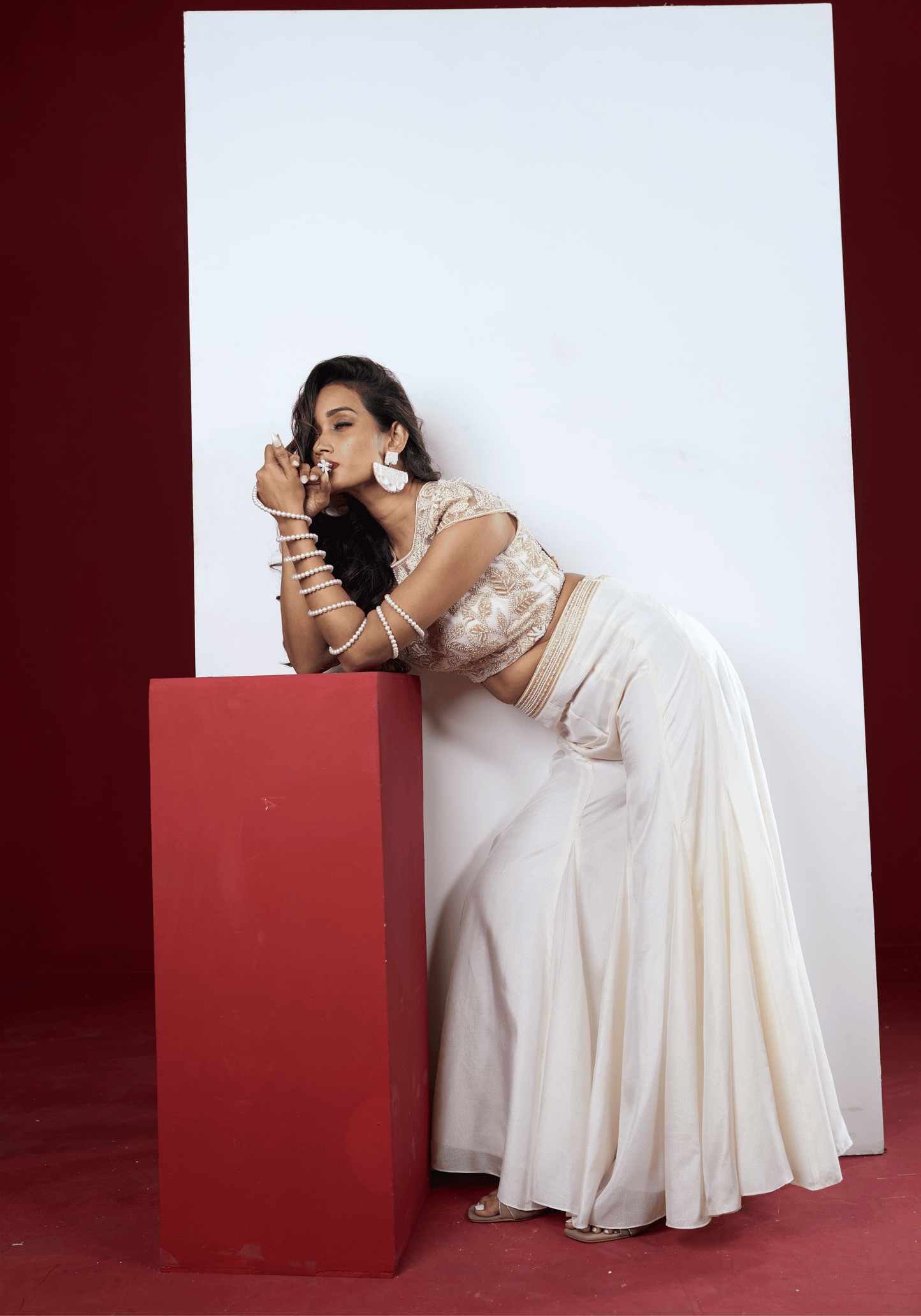 Pearl White Embellished Pre-Draped Saree