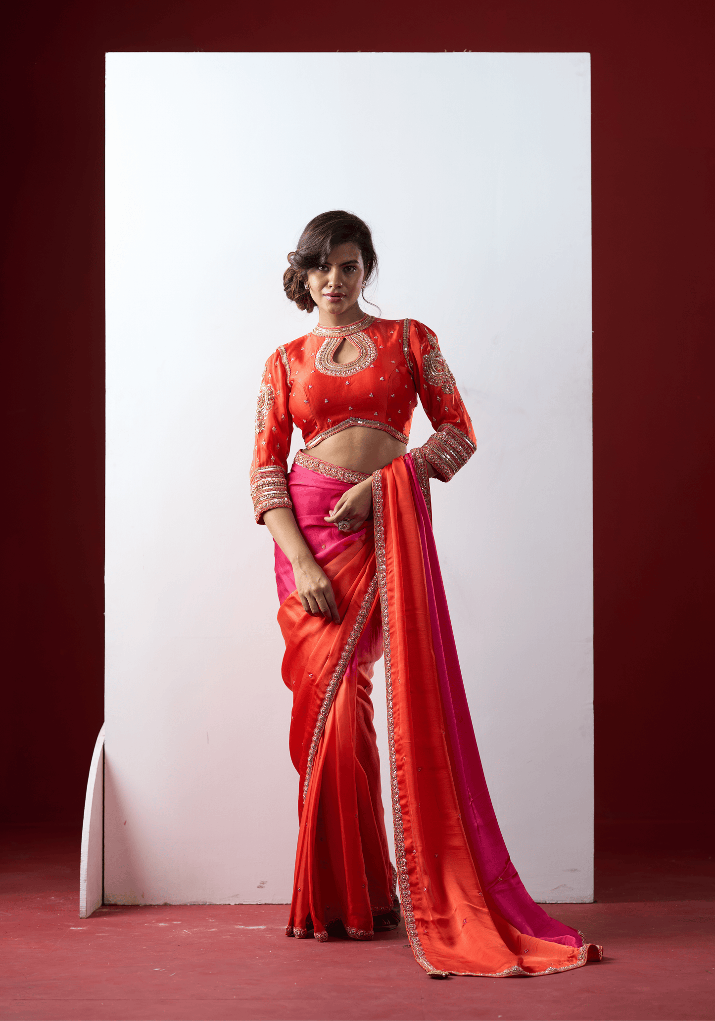 Sunset Pink Ombre Pre-Draped Saree