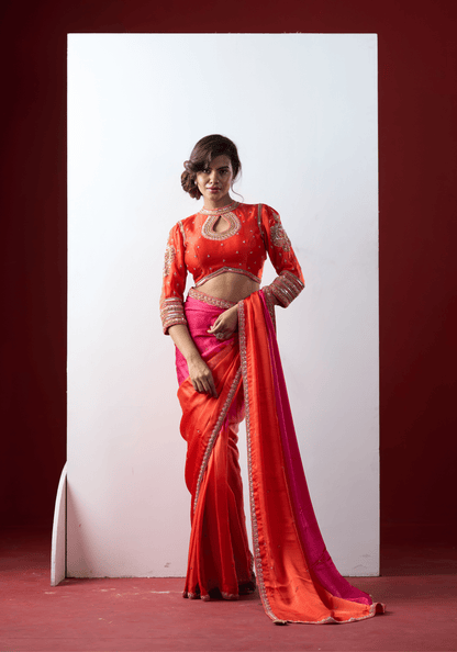Sunset Pink Ombre Pre-Draped Saree