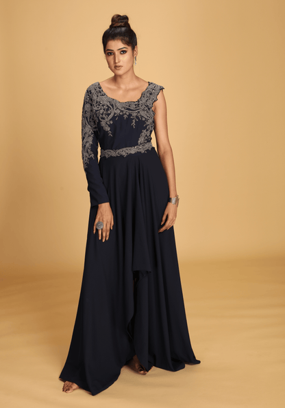 Midnight One-Shoulder Embroidered Gown