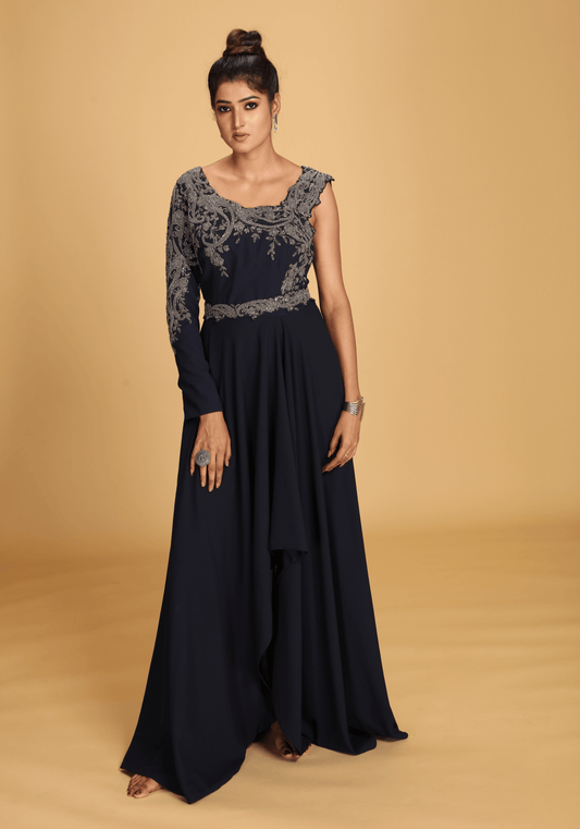 Midnight One-Shoulder Embroidered Gown