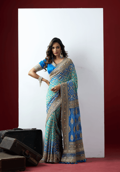 Royal Blue Bandhani Embroidered Saree
