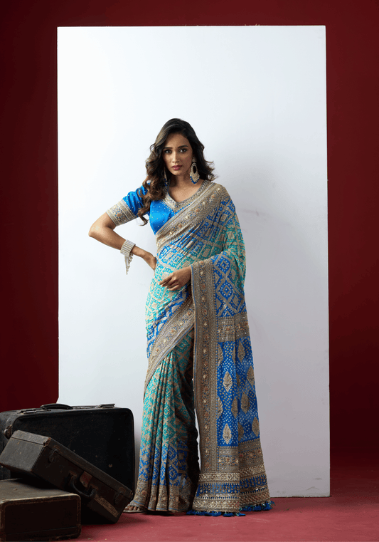 Royal Blue Bandhani Embroidered Saree