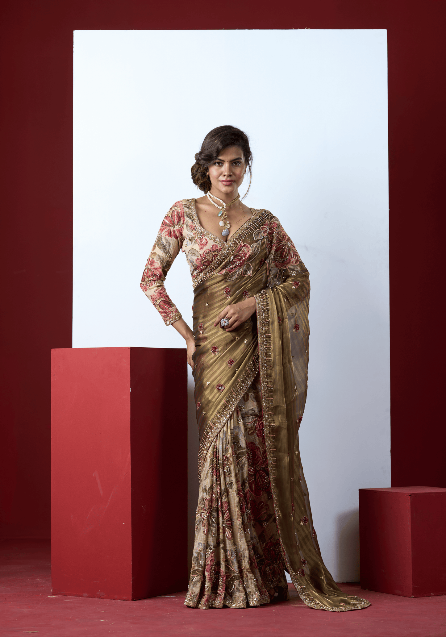 Olive Floral Embroidered Saree Set