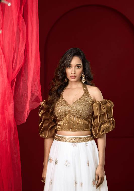 Golden Puff Sleeve Lehenga Set