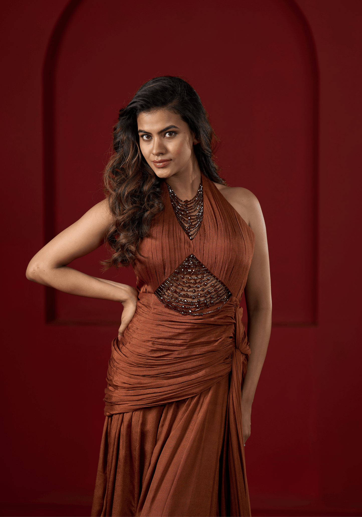 Rust Brown Halter Drape Gown