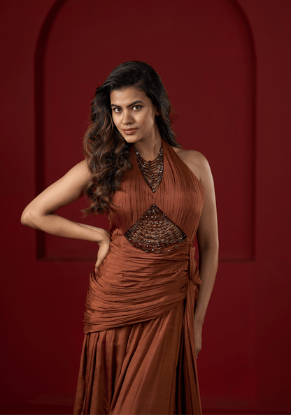 Rust Brown Halter Drape Gown