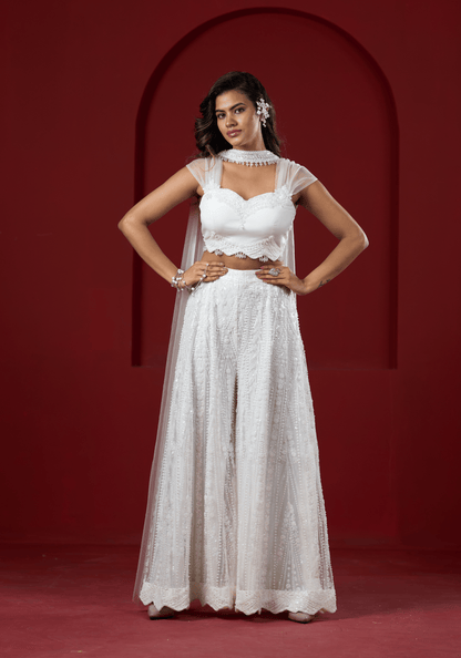 Pearl White Embellished Pre-Draped Saree