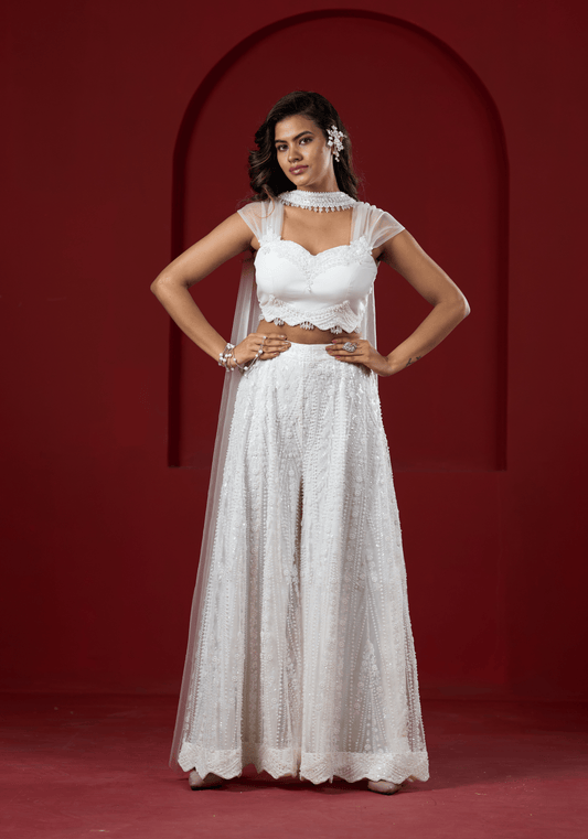 Pearl White Embellished Pre-Draped Saree